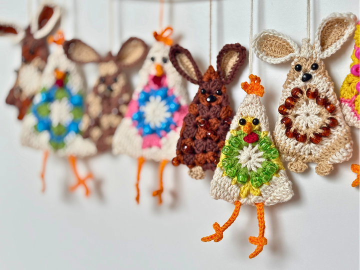 Osterhasen Hühner Girlande, Osterstrauß Anhänger, Granny Square Hase Huhn