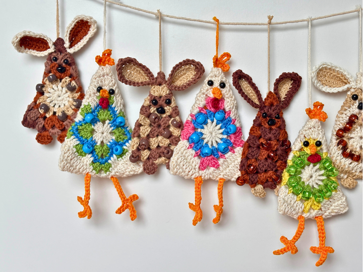 Osterhasen Hühner Girlande, Osterstrauß Anhänger, Granny Square Hase Huhn