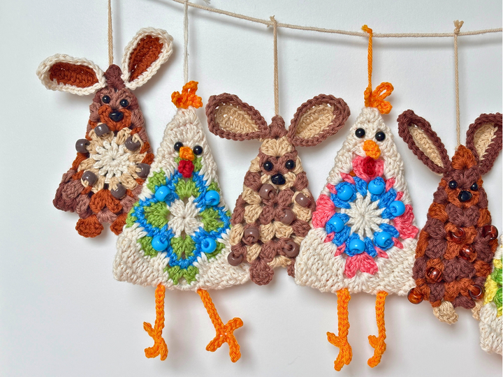 Osterhasen Hühner Girlande, Osterstrauß Anhänger, Granny Square Hase Huhn
