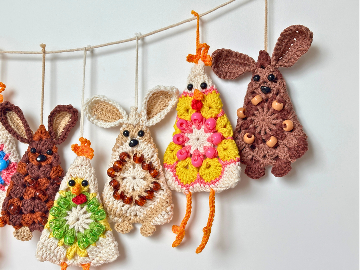 Osterhasen Hühner Girlande, Osterstrauß Anhänger, Granny Square Hase Huhn