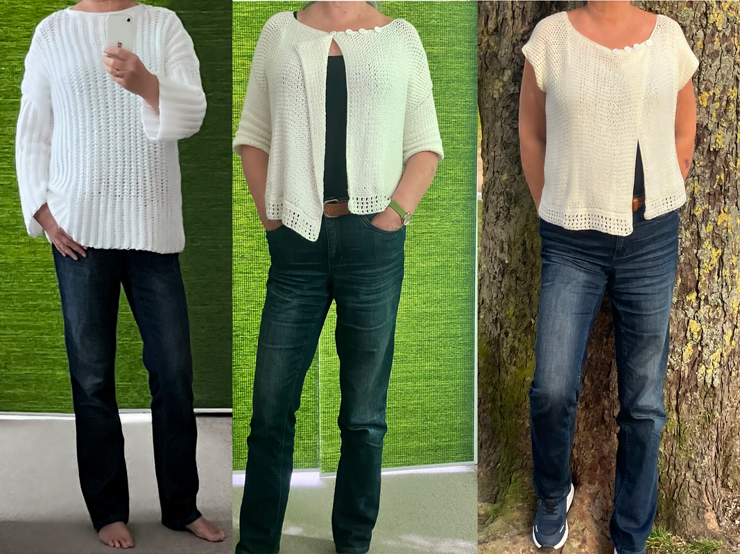Eine Person trägt drei weiße Häkeloberteile: ein langärmeliges Oversize-Shirt, ein kurzes Häkeljäckchen und ein Top.