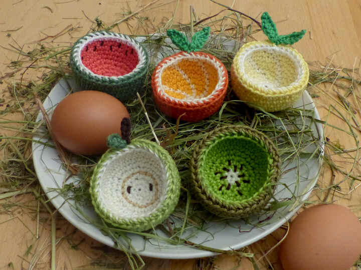 Häkelanleitung Eierbecher Früchte: Zitrone, Orange, Apfel, Kiwi, Melone