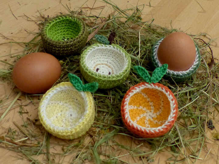 Häkelanleitung Eierbecher Früchte: Zitrone, Orange, Apfel, Kiwi, Melone
