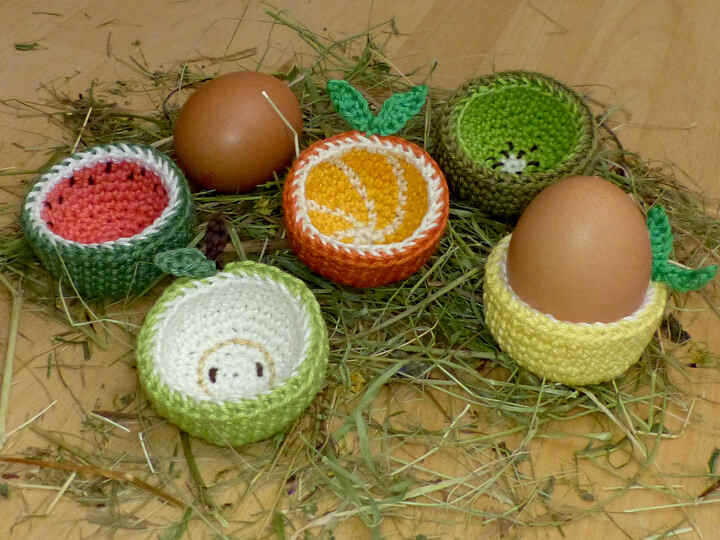 Häkelanleitung Eierbecher Früchte: Zitrone, Orange, Apfel, Kiwi, Melone