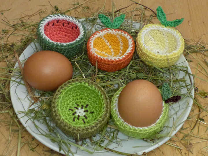 Häkelanleitung Eierbecher Früchte: Zitrone, Orange, Apfel, Kiwi, Melone