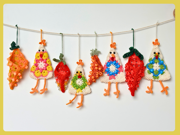 Easter Garland: Crazy Chicken & Beaded Carrot, Easter Tree Ornament, Granny