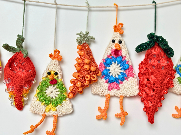 Easter Garland: Crazy Chicken & Beaded Carrot, Easter Tree Ornament, Granny