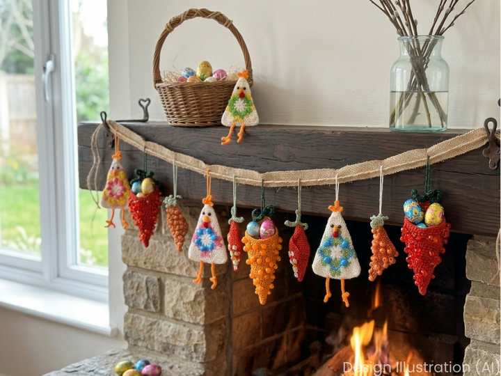 Easter Garland: Crazy Chicken & Beaded Carrot, Easter Tree Ornament, Granny