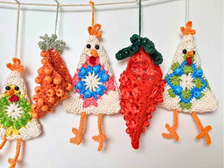 Easter Garland: Crazy Chicken & Beaded Carrot, Easter Tree Ornament, Granny