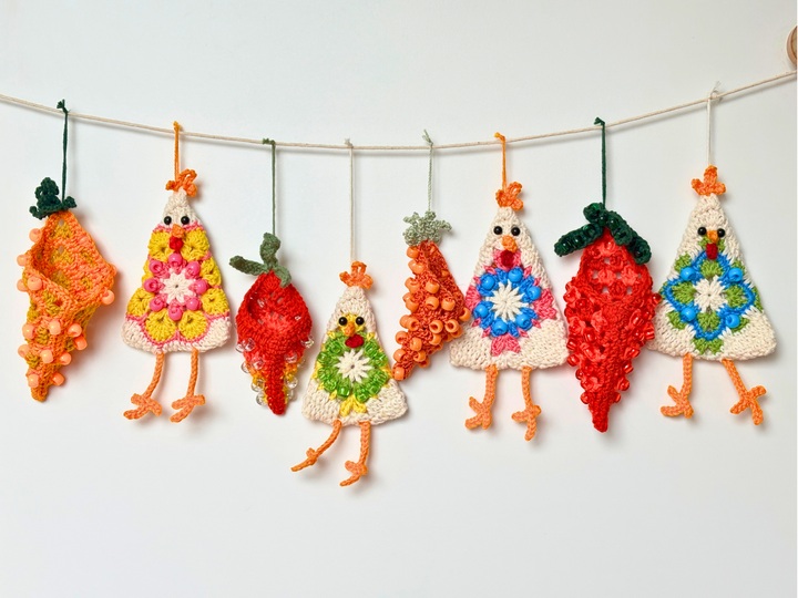 Easter Garland: Crazy Chicken & Beaded Carrot, Easter Tree Ornament, Granny