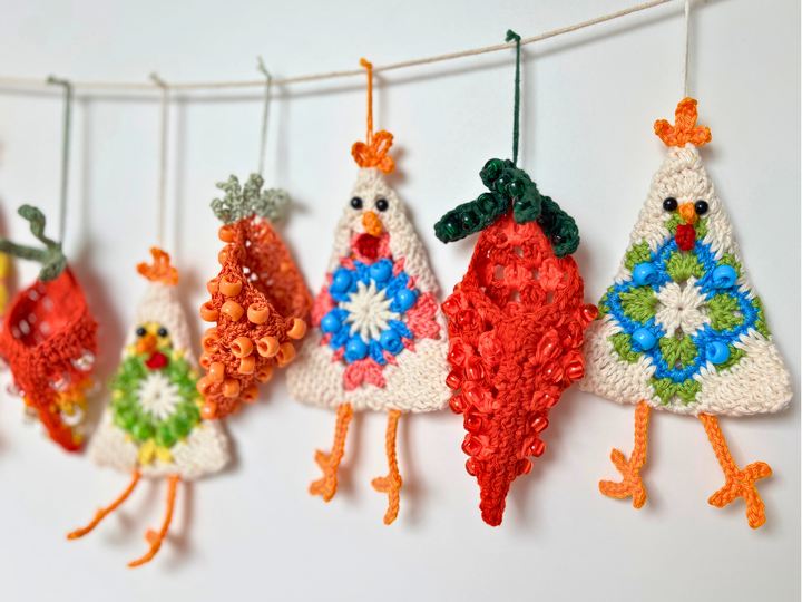 Easter Garland: Crazy Chicken & Beaded Carrot, Easter Tree Ornament, Granny