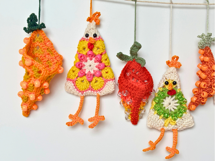 Easter Garland: Crazy Chicken & Beaded Carrot, Easter Tree Ornament, Granny