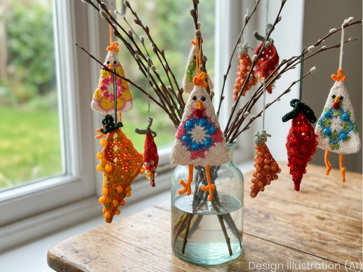 Easter Garland: Crazy Chicken & Beaded Carrot, Easter Tree Ornament, Granny