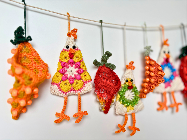 Hühner & Karotten Osterngirlande, DIY Osterstrauß Anhänger, Granny Square