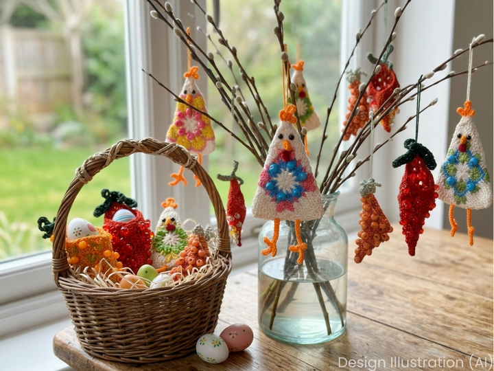 Hühner & Karotten Osterngirlande, DIY Osterstrauß Anhänger, Granny Square