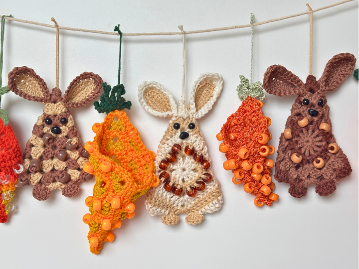 Granny Square Bunny & Fillable Beaded Carrot, Scrap Yarn Basket Stuffers