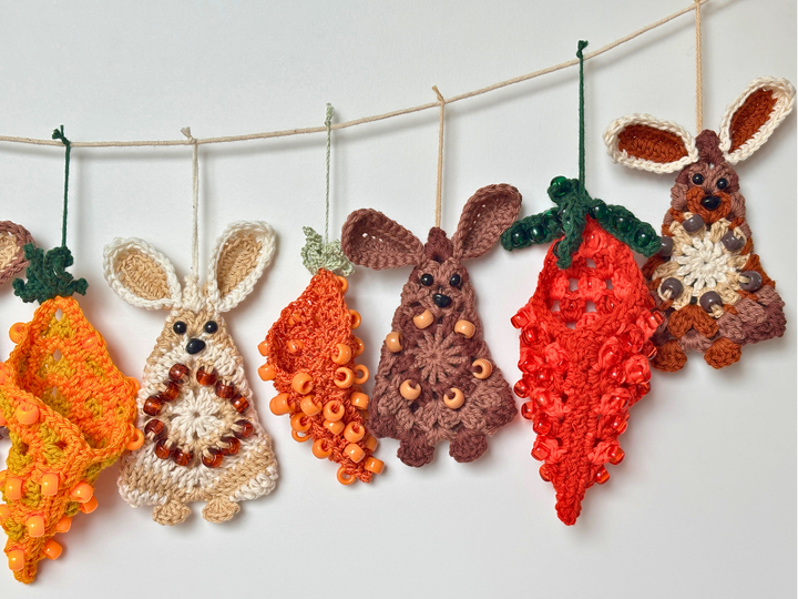 Granny Square Bunny & Fillable Beaded Carrot, Scrap Yarn Basket Stuffers
