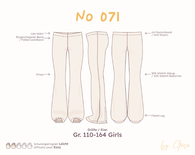 Girls flared pants sewing pattern - sizes 110-164 (low waist)