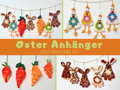 Oster Girlande - Osterhase, Karotte, Huhn mit Perlen, Osterstrauß Anhänger