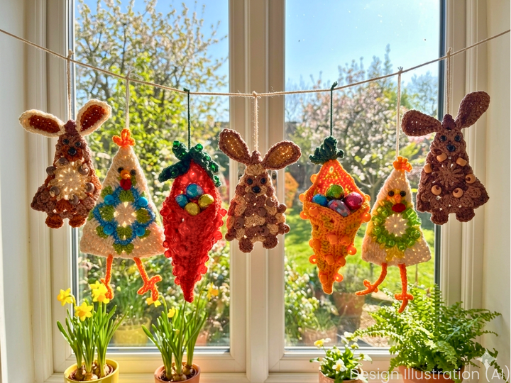 Easter Ornaments - Bunny, Carrot, Chicken, Easter Garland, Granny Square