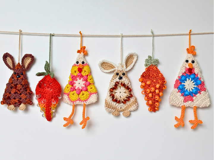 Easter Ornaments - Bunny, Carrot, Chicken, Easter Garland, Granny Square