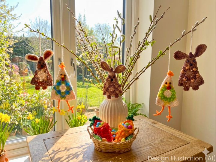 Oster Girlande - Osterhase, Karotte, Huhn mit Perlen, Osterstrauß Anhänger