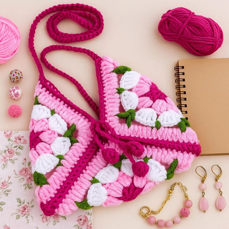 Pink crochet shoulder bag with strawberry granny square motifs, braided strap, and tassels beside yarn and jewelry.