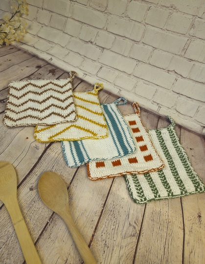 Vintage Potholder Knitting Patterns in Double Face, 5 Designs in Bundle