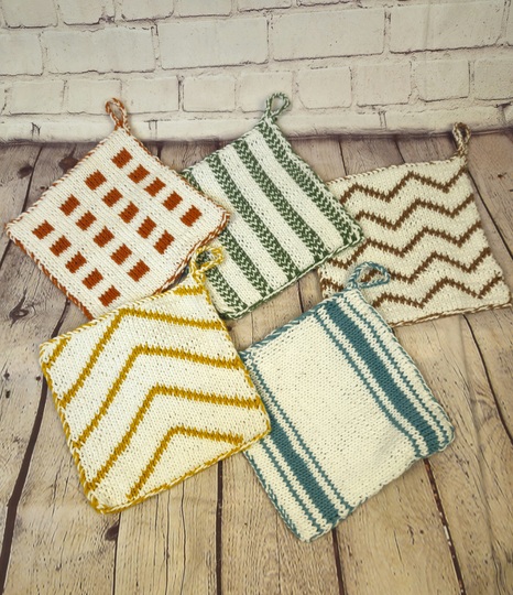 Vintage Topflappen Strickanleitung in Double Face, 5 Designs im Sparset