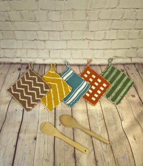 Vintage Topflappen Strickanleitung in Double Face, 5 Designs im Sparset