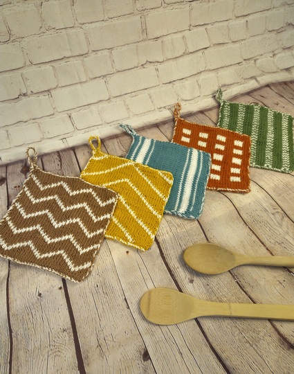 Vintage Topflappen Strickanleitung in Double Face, 5 Designs im Sparset