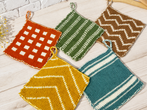 Vintage Potholder Knitting Patterns in Double Face, 5 Designs in Bundle