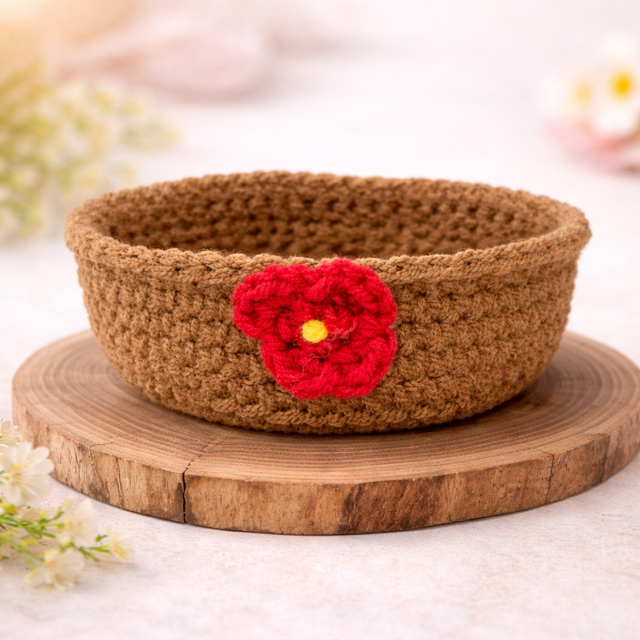 Brauner Häkelkorb mit roter Blume auf einer Holzscheibe