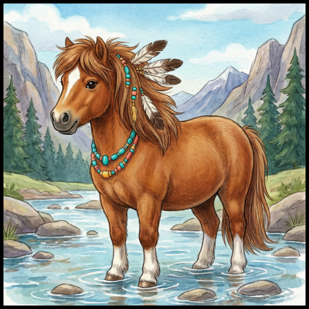 Stehendes braunes Pony im seichten Bach, Mähne mit Federn und Perlen, Aquarell-Illustration vor Bergkulisse