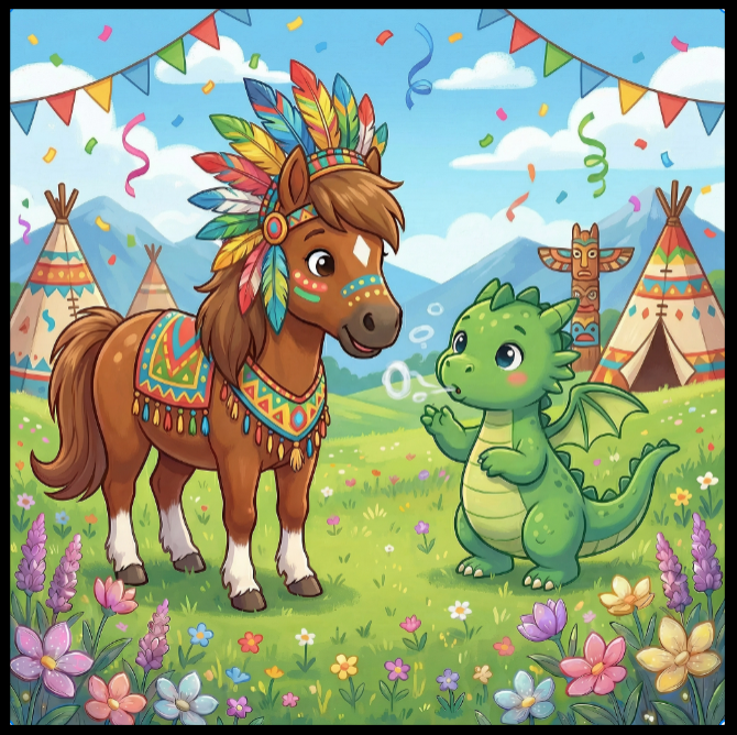 Detailreiche Cartoon-Grafik eines Pferdes mit Federdekor und eines kleinen Drachens, der Seifenblasen macht, in einer Landschaft mit Tipis.