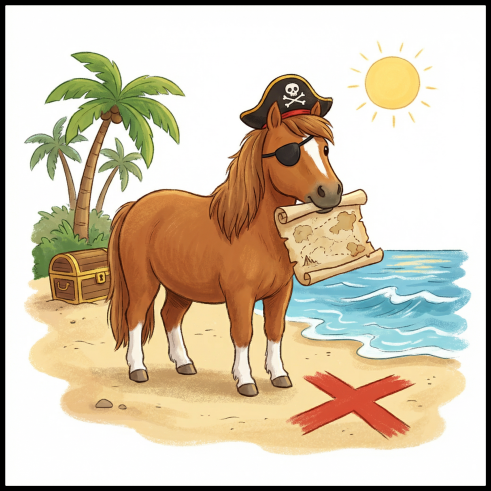 Cartoon‑Pferd mit Piratenhut, Augenklappe und Schatzkarte am Strand neben rotem X und Schatztruhe