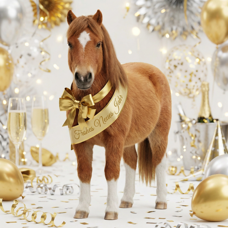 Stehendes Pony mit goldener Neujahrs-Schärpe zwischen Ballons und Konfetti
