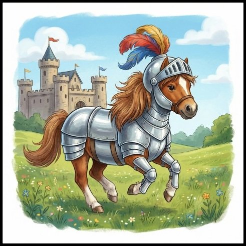 Abbildung eines Ponys in Ritterrüstung mit Helm und bunten Federn vor einem Schloss auf einer Blumenwiese