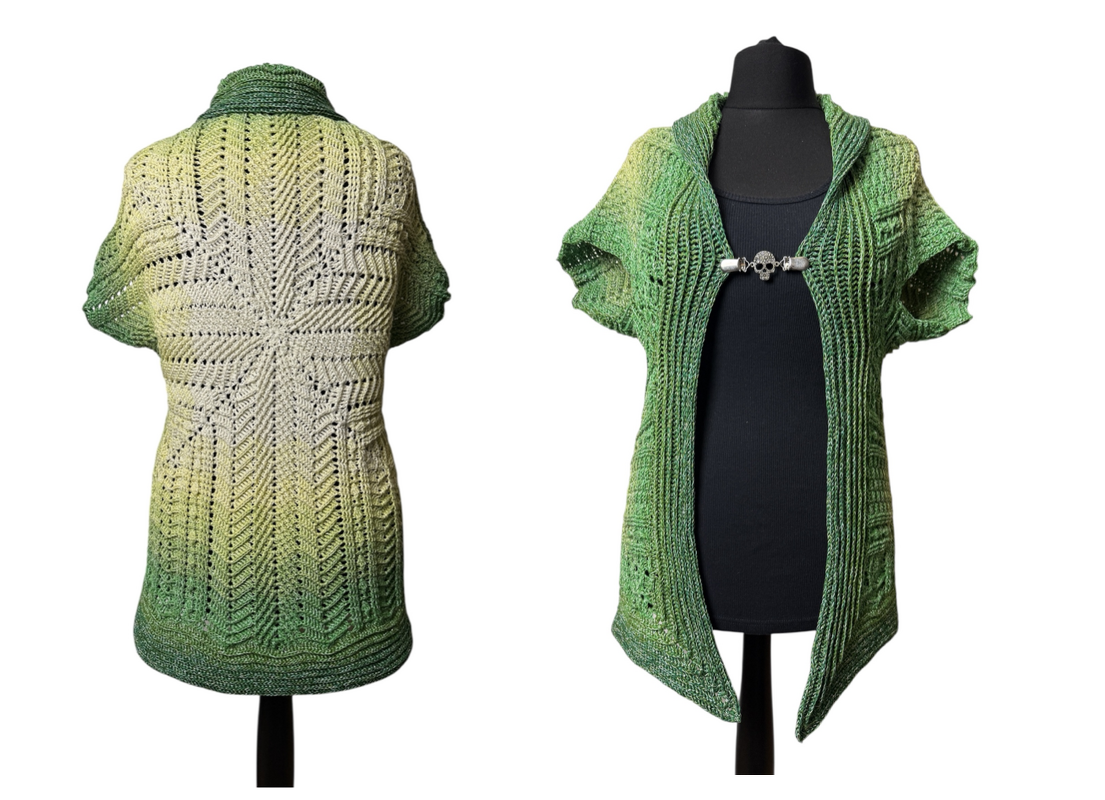 Women's green ombre crochet shrug shown front and back with zigzag textured stitch.