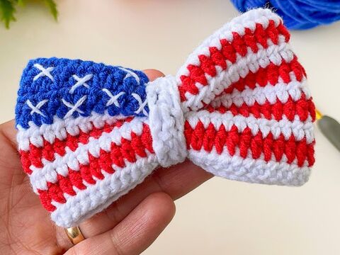 Crochet American Flag Bow Pattern PDF – USA Hair Bow & Cup Cozy Tutorial