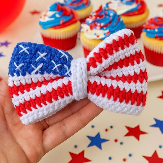 Crochet American Flag Bow Pattern PDF – USA Hair Bow & Cup Cozy Tutorial