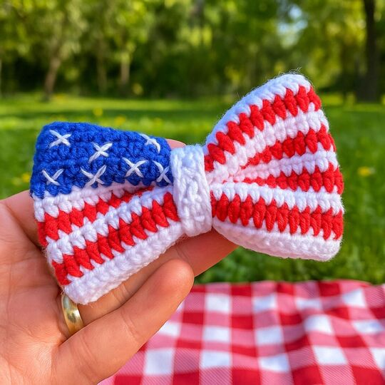 Crochet American Flag Bow Pattern PDF – USA Hair Bow & Cup Cozy Tutorial