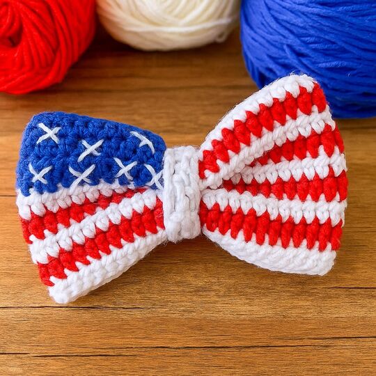 Crochet American Flag Bow Pattern PDF – USA Hair Bow & Cup Cozy Tutorial