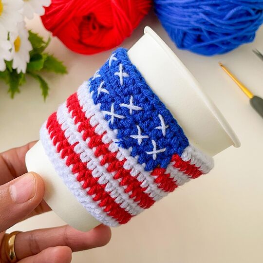 Crochet American Flag Bow Pattern PDF – USA Hair Bow & Cup Cozy Tutorial
