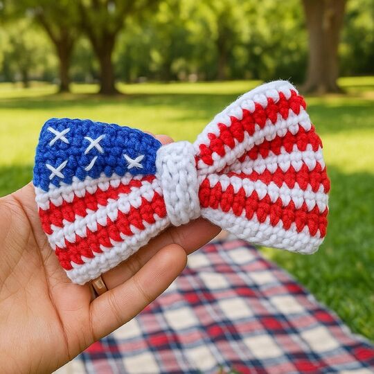 Crochet American Flag Bow Pattern PDF – USA Hair Bow & Cup Cozy Tutorial