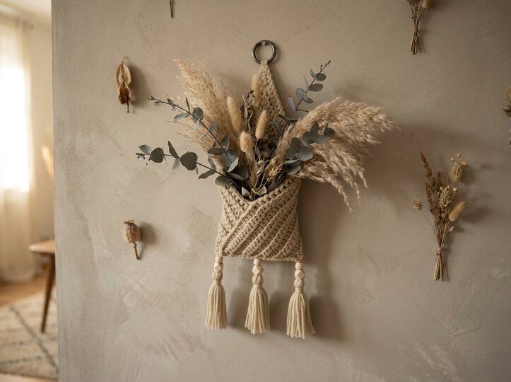 Boho Wall Pocket | Crochet Modern Wall Decor with Tassels