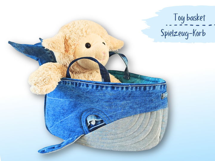 Sewing pattern fabric basket, Denim whale pattern in 2 sizes