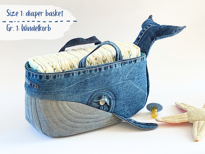 Sewing pattern fabric basket, Denim whale pattern in 2 sizes