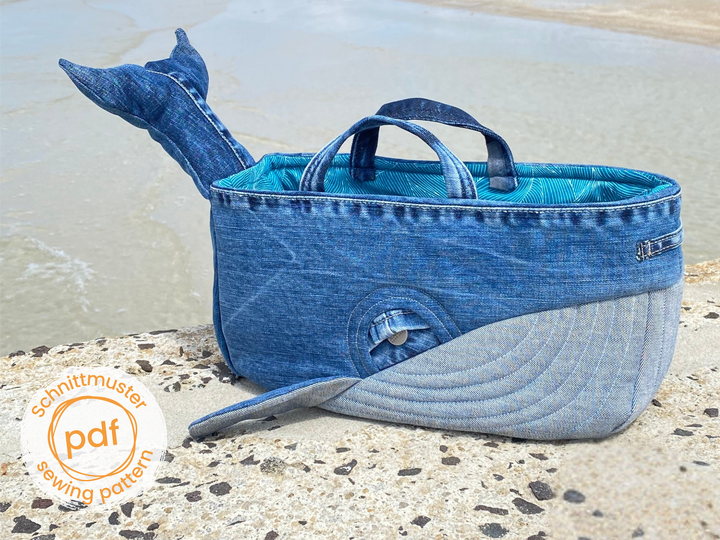 Sewing pattern fabric basket, Denim whale pattern in 2 sizes