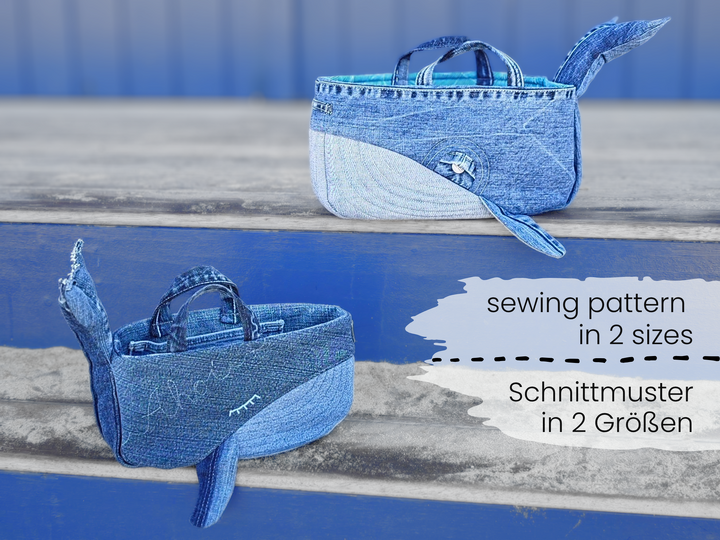 Sewing pattern fabric basket, Denim whale pattern in 2 sizes